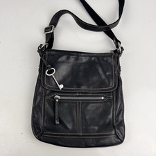Fossil Black Leather Crossbody Shoulder Bag Key Charm Zip Purse Pockets