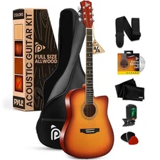 Pyle 41" Full-Size Acoustic Guitar Kit, Cutaway Body w/ Digital Tuner