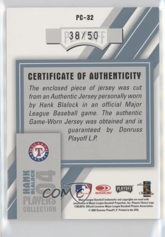 2004 Donruss Studio Players Collection Relics Platinum /50 Hank Blalock #PC-32 - Image 2 of 2