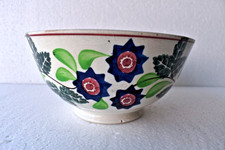 Vintage Rustique Main Peint Folk Poterie Bol Bleu Floral 16.5cm Rare " R34