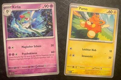 2 Pokémon Sammelkarten, Kirlia 015/015, Pamo 007/015, G M23DE 2023