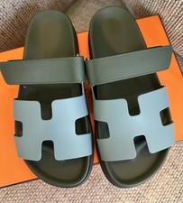 Size 38EU NIB HERM S Bleu Citadin / Vert Bouteil Calfskin Women  s Chypre Sandals