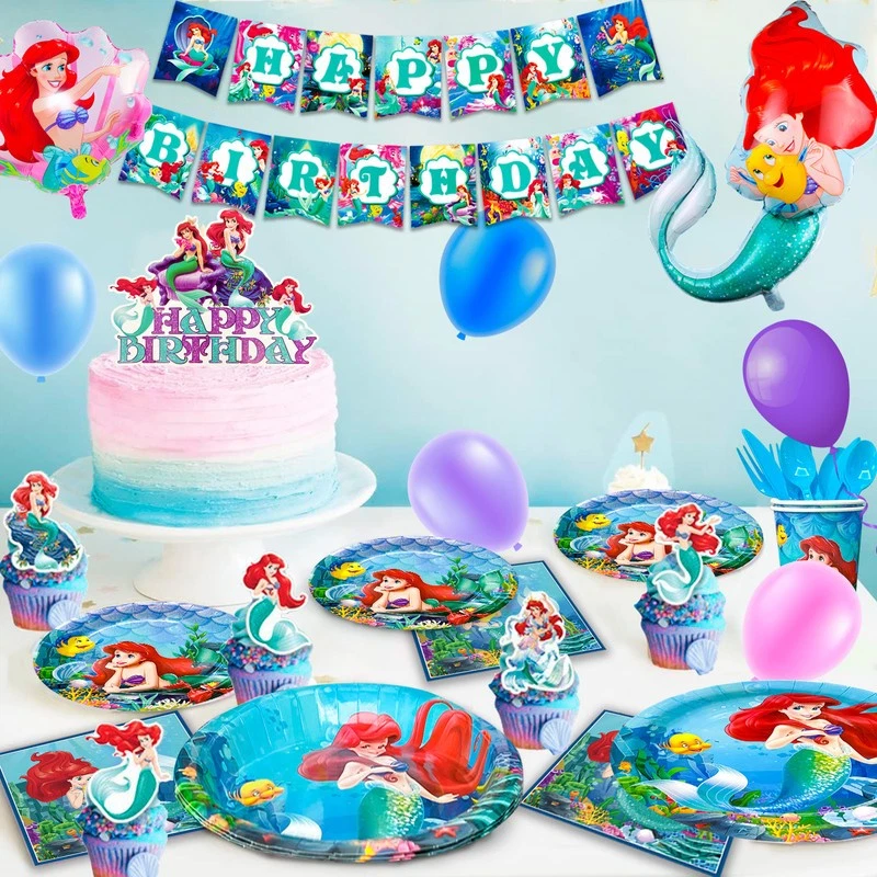185 Piezas Sirenita Fiesta Decoración Disney Globo Telón de Fondo Mantel Plato  Foto 4 de 4