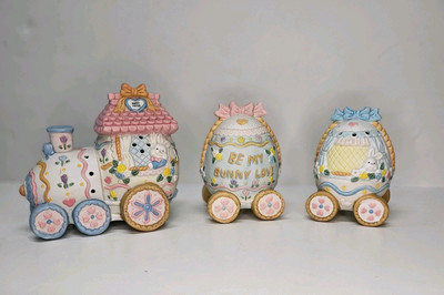 Hand Painted Easter Egg Train 3 Piece Set, Hand Painted Porcelain - Vtg