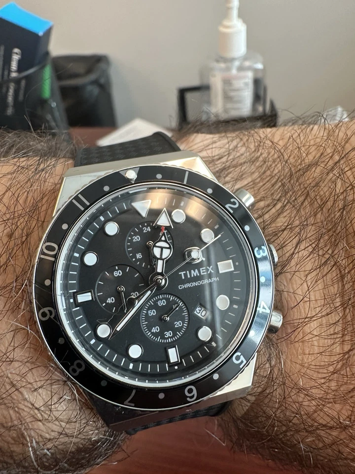 Timex Q Chronograph Watch Men 40mm Black  Dial Steel Date GMT Round  - Image 2 of 4