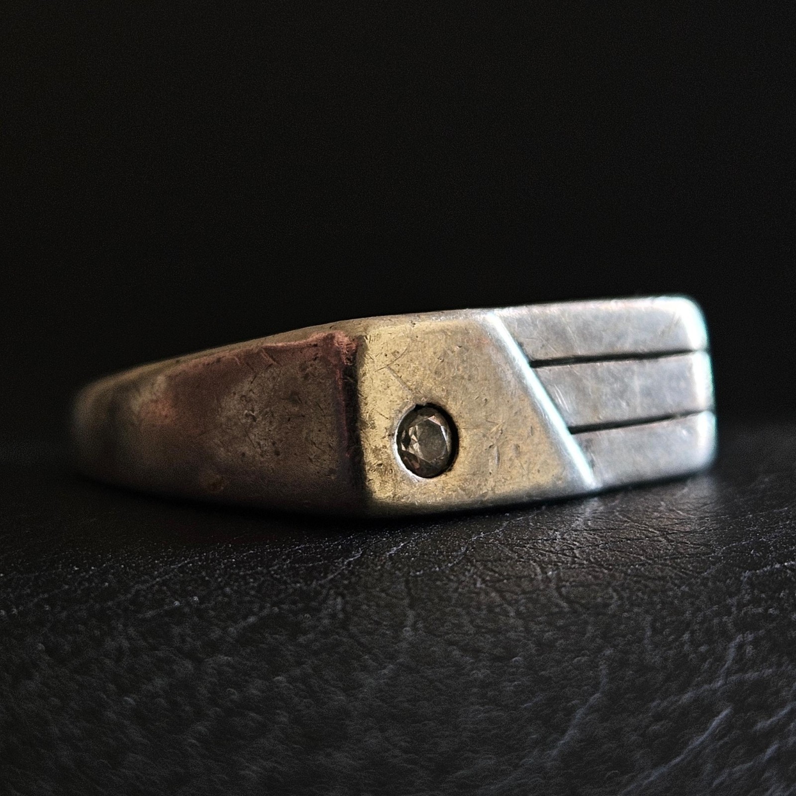 Solid Silver & Crystal Geometric Pattern Knight R… - image 1