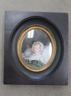 Antique Miniature Portrait Child Sleeping Wooden Frame and Gold Gilt