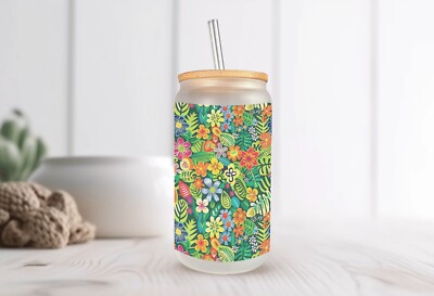 Tropical Jungle Frosted Glass Can W Bamboo Lid 16 Oz Glass Cup by Mugzan
