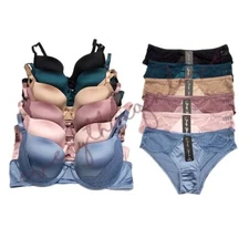 Women Shiny Premium Satin Lace Gentle Push up Bra Bikini Panty Set Sexy Lingerie