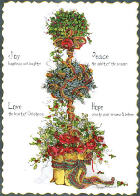 Flowers and Holly Topiary Tree  Peggy Abrams Pop Out 3-D Christmas Card