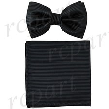 New formal Men's polyester pre-tied bow tie hankie horizontal stripes black prom