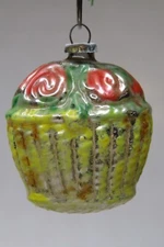 Vintage Glass Embossed Feather Tree ROSE Flower BASKET Christmas Ornament Japan