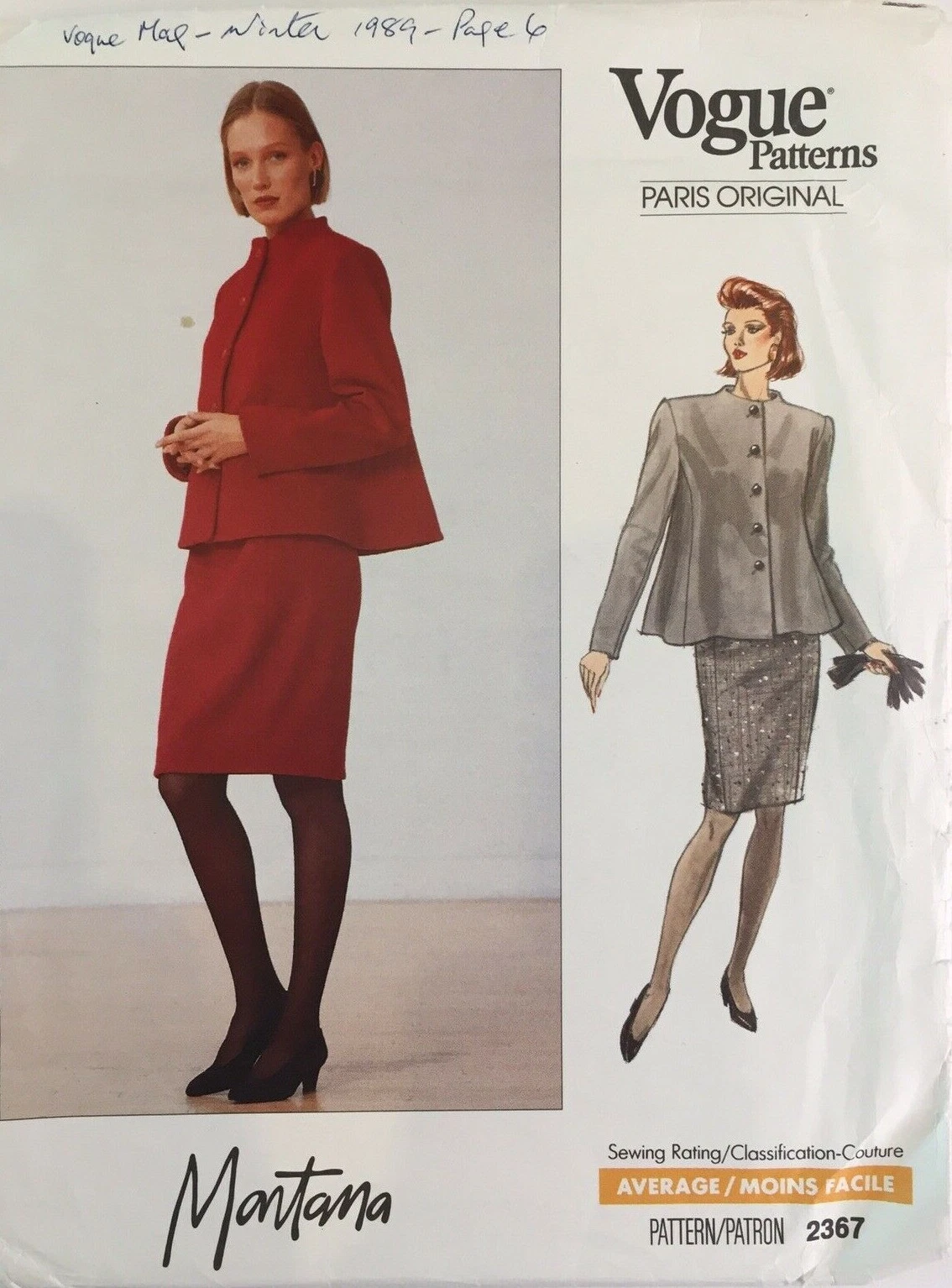 Vogue 2367 Montana Swing Jacket Skirt Vintage Label Ladies New Uncut Pattern