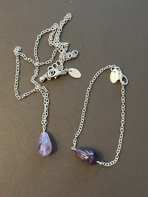 Amethyst Necklace Bracelet Set Marked LBVYR Silver Tone Teardrop Natural Stone