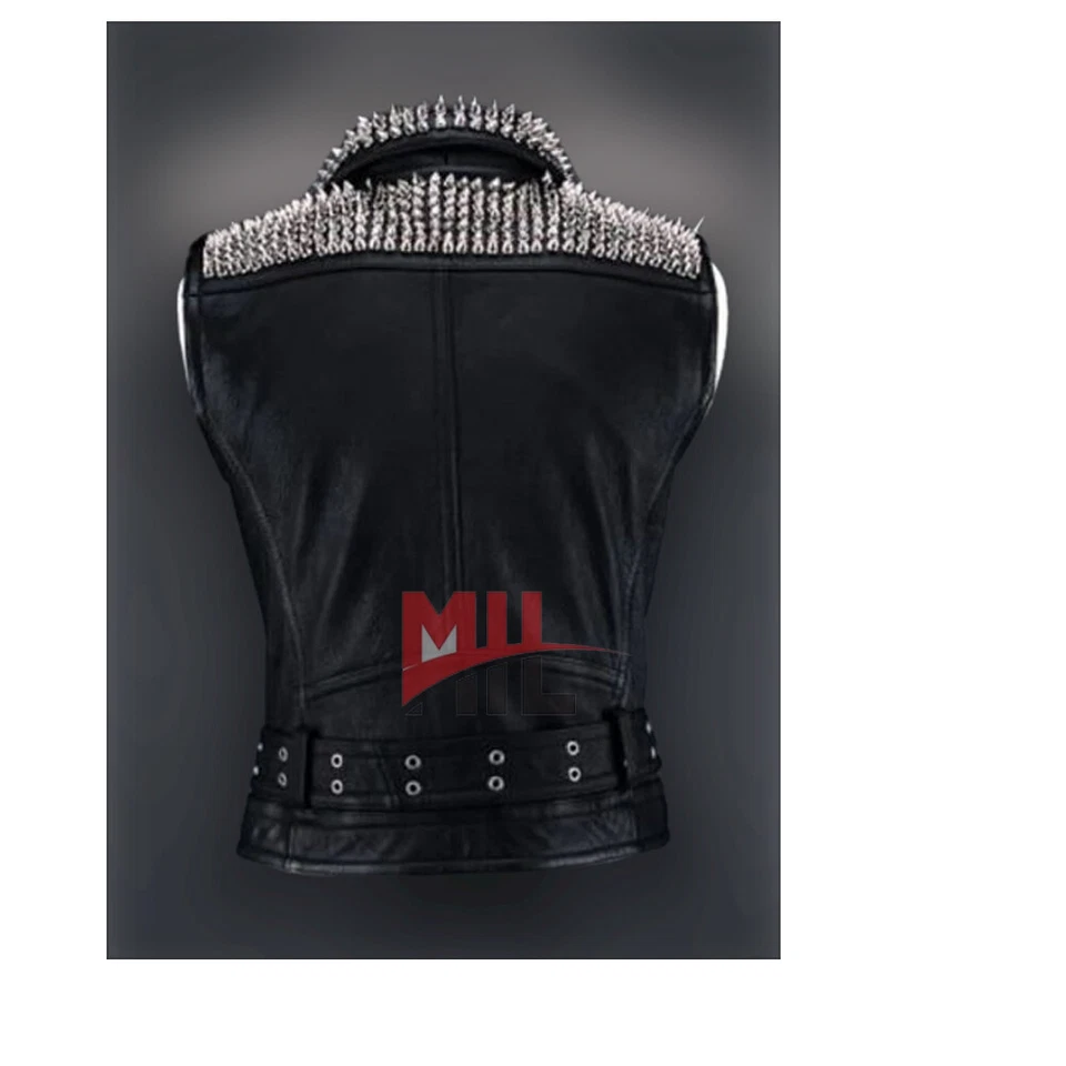 Handmade Men's Black Punk Silver Long Spiked Studded Sleeveless Leather Jacket - Image 2 of 4