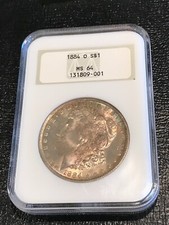 DUAL TONING NGC MS64 1884 O MORGAN SILVER DOLLAR-GOLD EMBOSSED GEN 3 HOLDER-AGT9