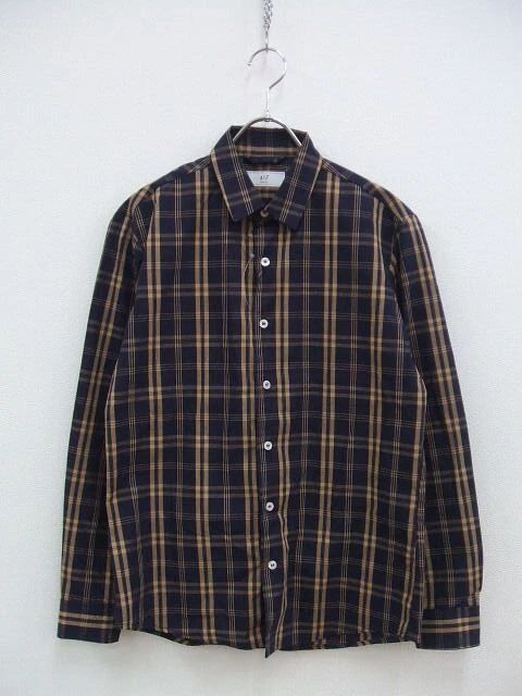 417 EDIFICE Check shirt Navy beige sizeS mens Used 1-1110M♪