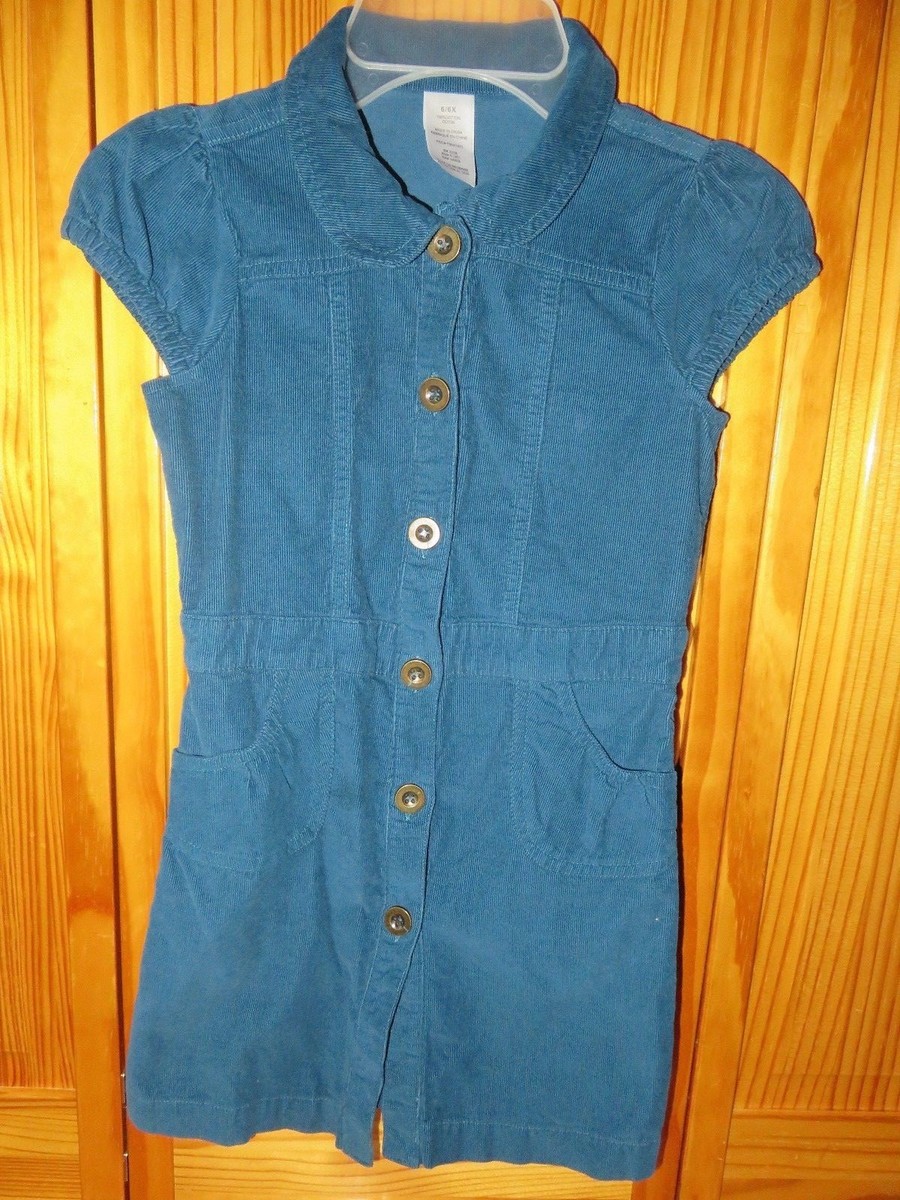 Girls Avon Blue/Green Corduroy Button Down Dress Size 6 Pockets/Cap Sleeve EUC