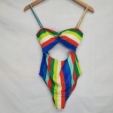 Juicy Couture Swimsuit Size L One Piece Twsited Bandeau Raibow Striped Colorful