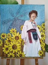 Ukraine Sunflowers Girl Mlyn National dress flag blue yellow Acrylic painting