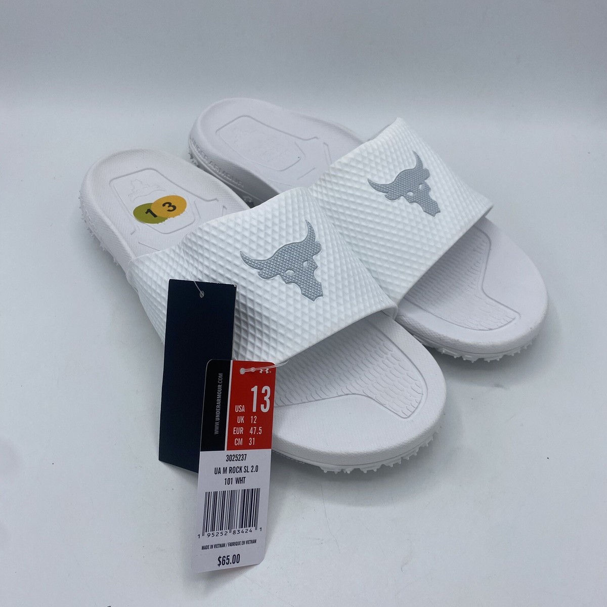 Under Armour Project Rock Slides Mens 13 White Slip On Sandals NEW - Main Image