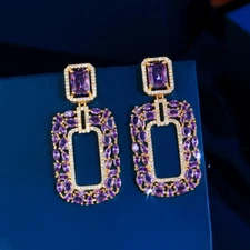 Classy Gold Plated Cubic Zirconia Purple Square Leaf Drop Cluster Dangle Earring