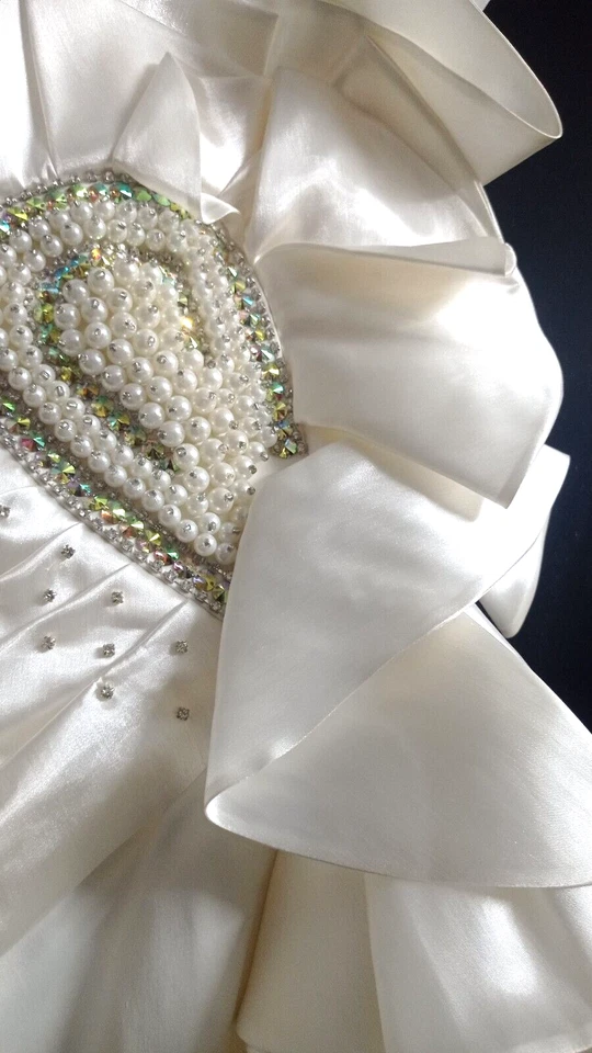 Vestido de novia corto marfil para mujer cristal satinado cuentas perlas un hombro S 14 Foto 3 de 4