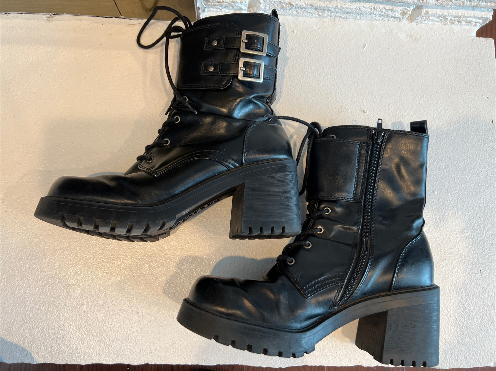 Vtg 90s Mudd Black "Mighty" Chunky Combat Boots Buckles Womens Size 9.5