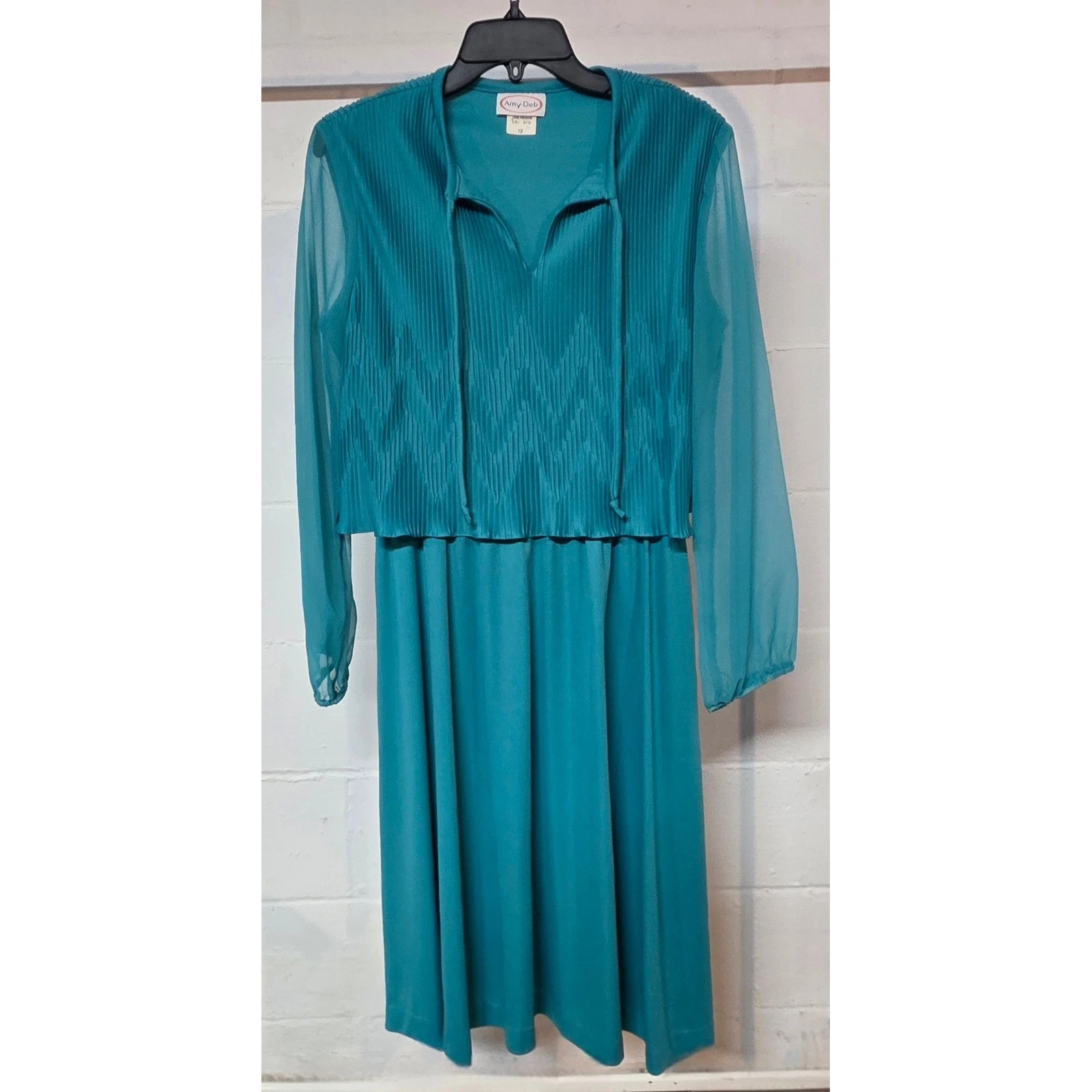 Vintage Amy-Deb Teal Blue Pleated Overlay Sheer Sleeve Midi Dress Womens 12