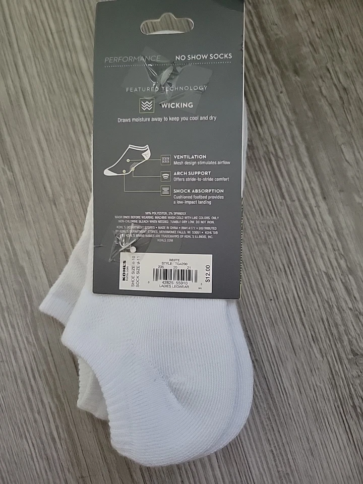 NEW TEK GEAR PERFORMANCE WICKING Women's White 3 Pack No-Show Socks Size 9-11 - Image 2 of 2