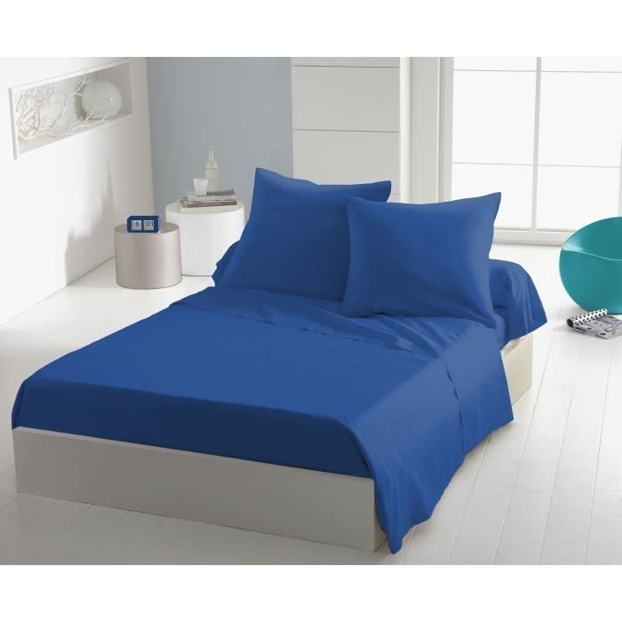 Drap plat microfibre 240x300 cm bleu anti-plis et facile à repasser pour grand lit