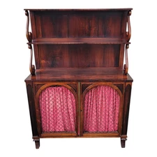 19th C English Regency Rosewood Cabinet Sideboard with Shelves & Brass Grille