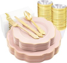 175PCS Pink Plates W/ Gold Disposable Silverware Include 50 Pink Plastic