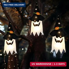 3 Pieces Halloween Hanging Lighted Glowing Ghost with Witch Hat Decorations Outd