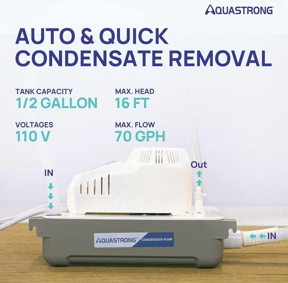 AQUASTRONG 115V 70 GPH HVAC Condensate Pump w/ Safety Switch & 19.7ft ...