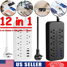 12in1 US Surge Protector Power Strip 8AC Outlets 3USB Ports USB-C Port 4FT Cable