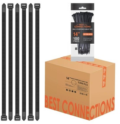 14'' Inch Nylon Cable Wire Zip Tie 50 Lbs Tensile Strength (Black, 2,000 Pieces)
