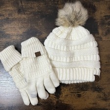 C.C Cream Knit Winter Beanie Hat w/ Faux Fur Pom Matching Gloves