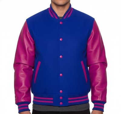 Varsity Baseball Letterman Bomber Royal Wool H.Pink Leather College Retro Jacket