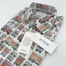Eton Dress Shirt Mens 15.75 40 White Truck Print Slim Fit Signature Twill