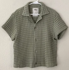 OAS Cuba Chunky Waffle Short Sleeve Button Up Shirt Dusty Green Men's M