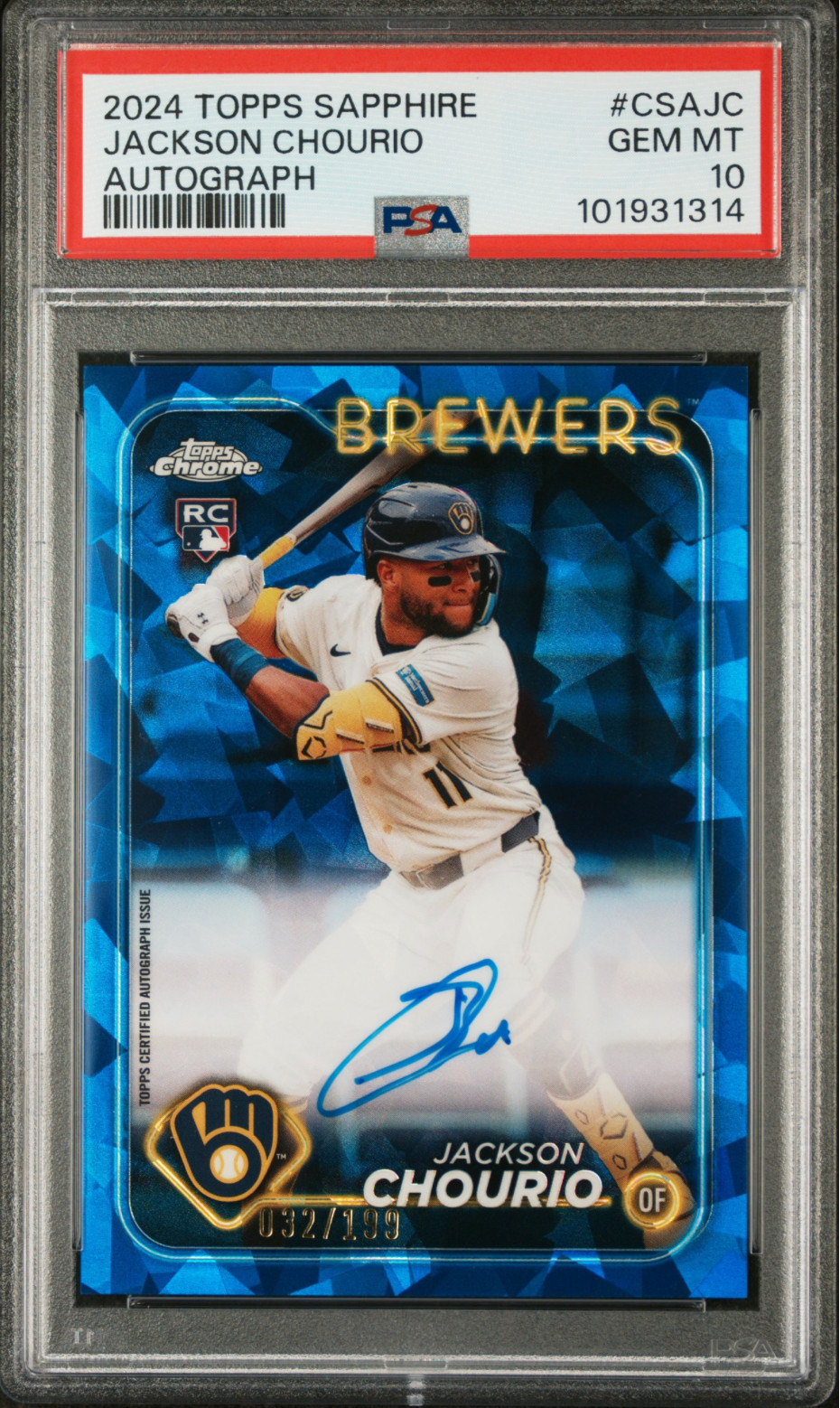 2024 Topps Chrome Sapphire Rookie Auto Jackson Chourio /199 PSA 10 GEM