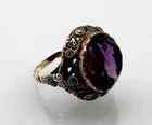 VINTAGE STERLING & 10K GOLD SHANK ROUGHT CUT DIAMOND & AMETHYST GLASS RING 7.75