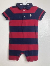 Y2K Ralph Lauren Boy Size 12M Red Navy Striped Cotton Romper Shorts One-Piece