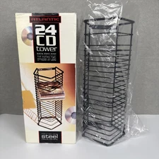 Vintage Atlantic Black Heavy Steel 24 Disc CD Storage Tower Rack Wall Mount NOB