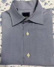 david donahue mens dress shirt 15.5 34/35 Blue White Micro Check Spread Collar