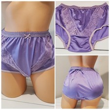 Shiny Double Nylon Gusset  Lace Granny Panty Full Cut Brief 7/L Purple Twinkle