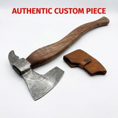 SK Customs 20'' Damascus Viking Axe 9'' Blade Hand Carved Hardwood Handle Sheath