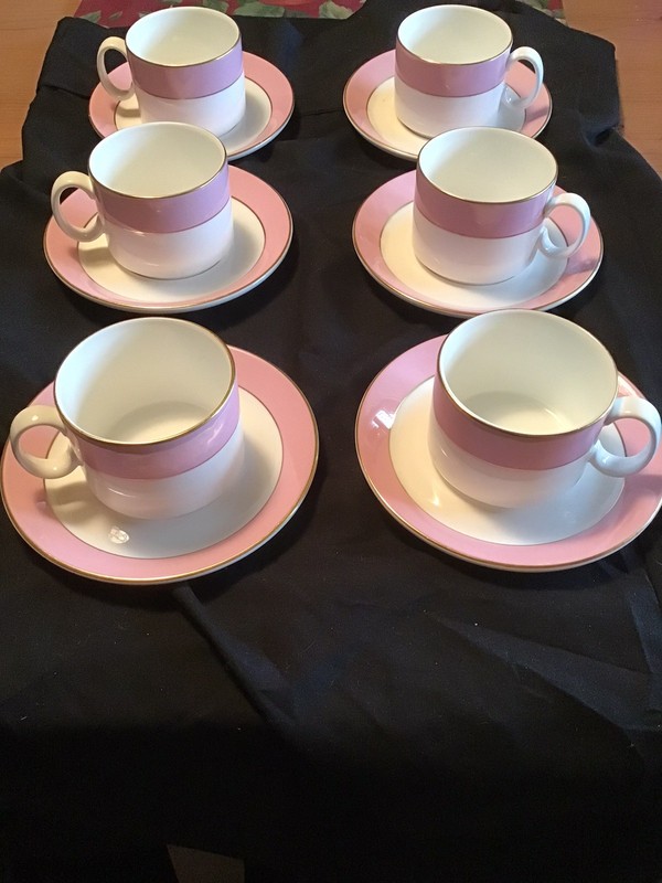 ROYAL DOULTON SET OF 6 CUPS SAUCERS VINTAGE PINK GOLD TRIM EUC ENGLAND CHINA