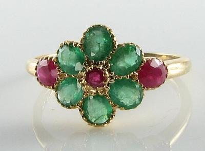 SELTENE KOMBI 9 KT 9 kt GOLD INDISCHER RUBIN & KOLUMBIANISCHER SMARAGD CLUSTER RING KOSTENLOSE REIZUNG